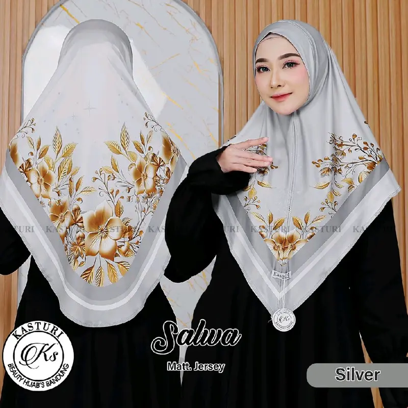 Salwa Hijab bergo printing bunga gold segitiga malay non busa Kerudung Wanita Instan Muslim Nyaman Panjang 5