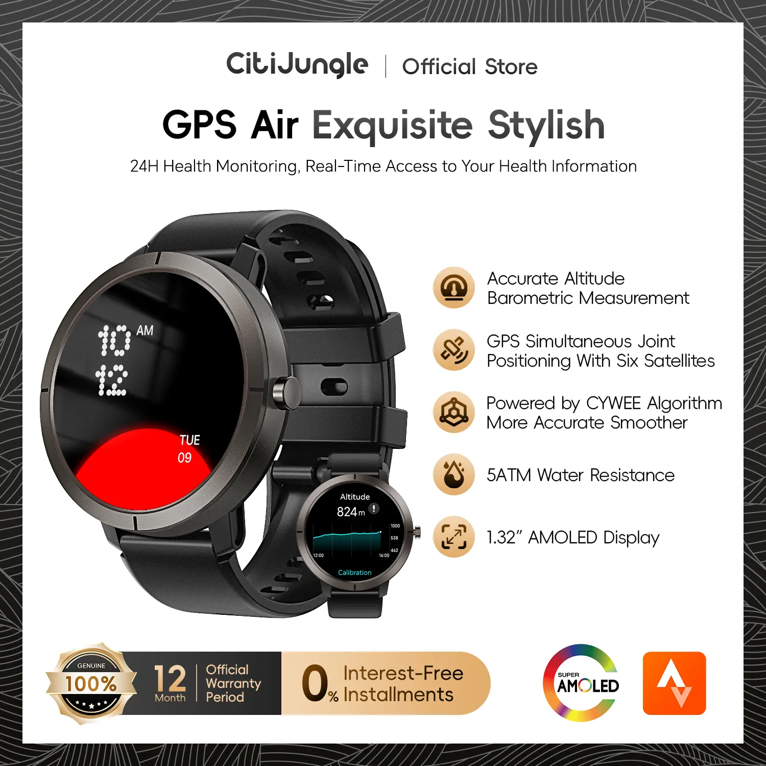 【Jam Tangan GPS Super Ringan】Citijungle Smartwatch GPS AIR dengan desain ultra ringan (46g), layar AMOLED HD 1,32 inci, GPS bawaan, tahan air 50m, banyak mode olahraga & fitur kesehatan, Bluetooth, dan dukungan sinkronisasi data ke Strava.