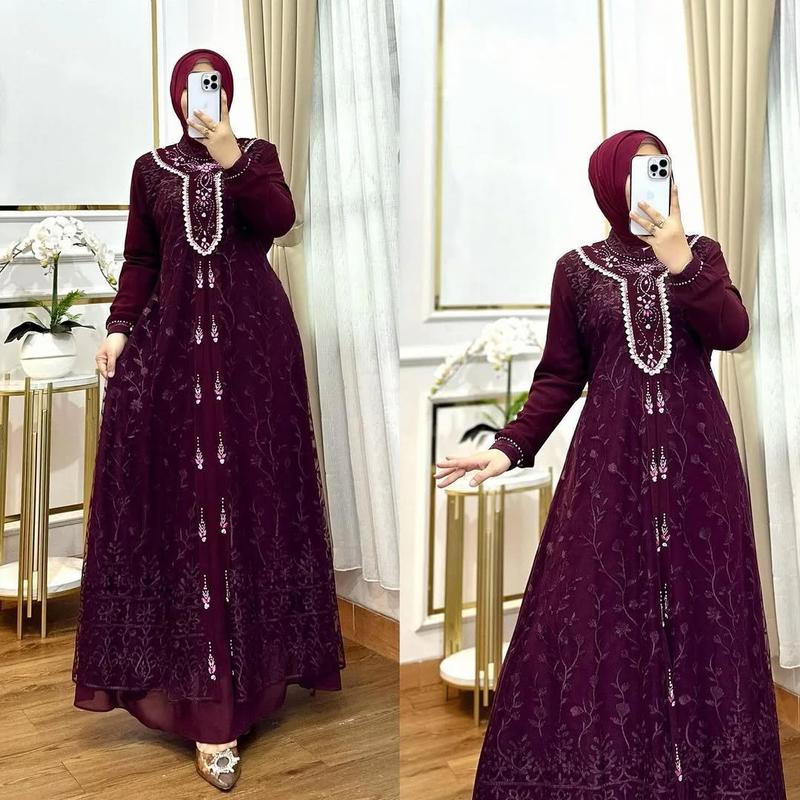 Product Introduction of Gamis Maudy Brukat Burgundy Viral 2025 Dress Terbaru Wanita Ceruty Babydoll Kombinai Brukat Cantik 4