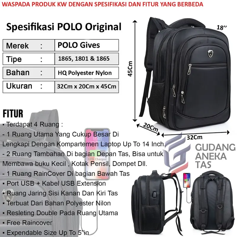 POLO GIVES Tas Ransel POLO Original Import 18 Inch + Free Raincover + Free USB Ransel Sekolah IMPORT 6
