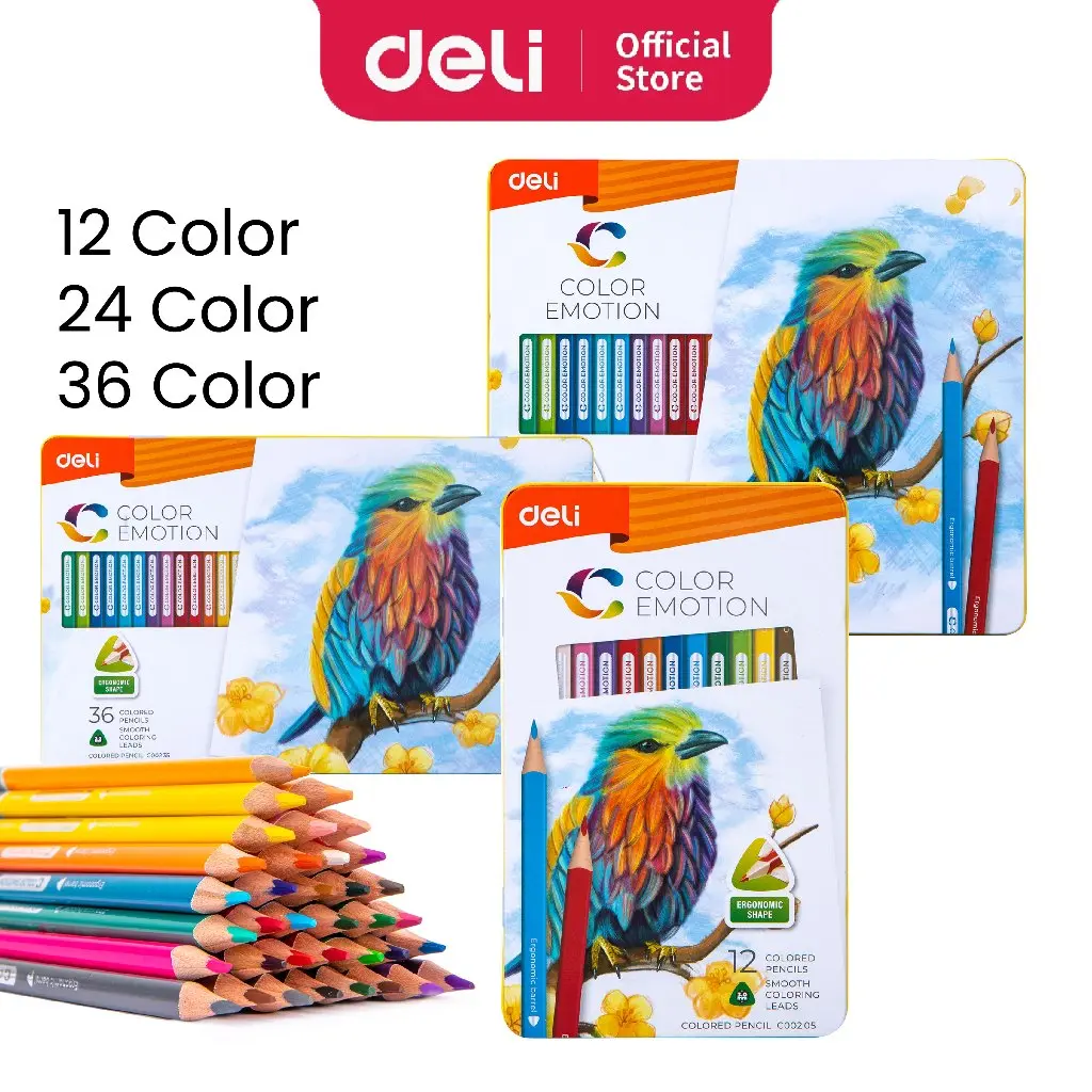 Deli  Colored Pencils With Iron Case Color Lead Deli Pensil Warna Celup Halus 12/24/36 Warna, Bentuk Segitiga Ergonomis