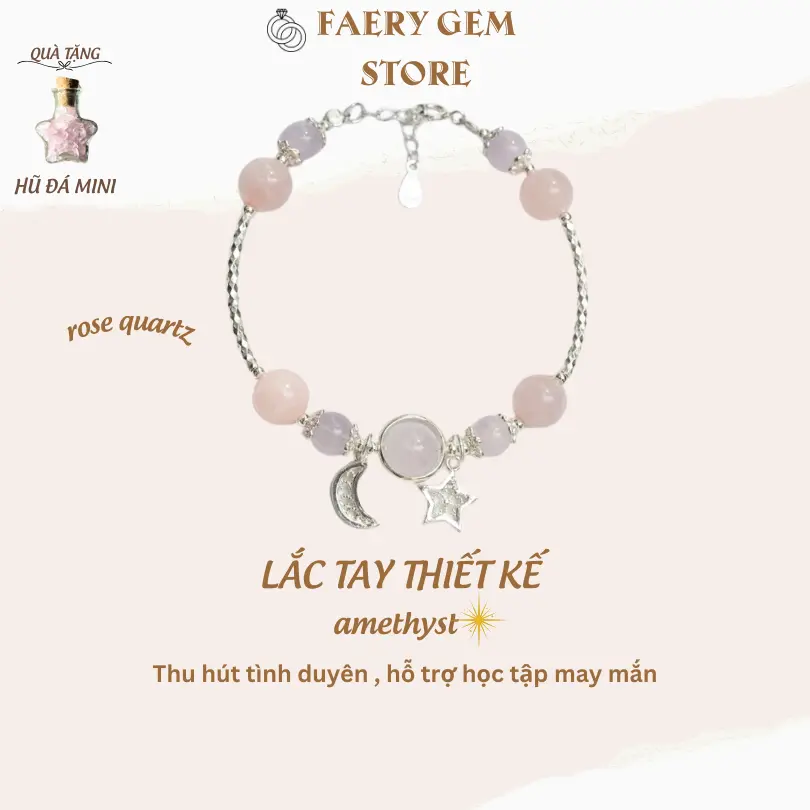 Vòng đá phong thuỷ thiết kế FaeryGem Rose quartz mix Amethyst Bạc S925 Full Giấy Kiểm Định