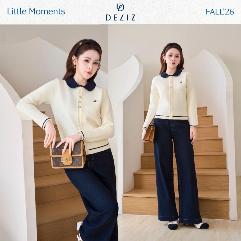 DELIZ - Áo len nữ cổ sen phối viền dài tay dáng đẹp đính cúc thanh lịch mặc thu đông AL79