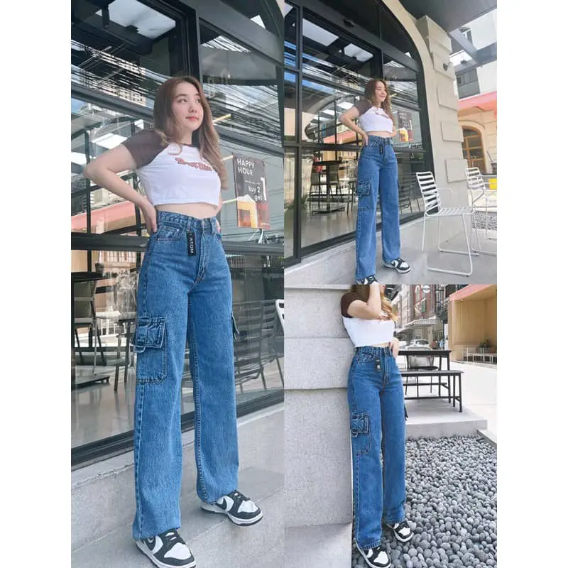 ACID WASH DENIM CARGO 6 POCKET WIDE LEG BAGGY JEANS SELUAR READY STOCK Pant