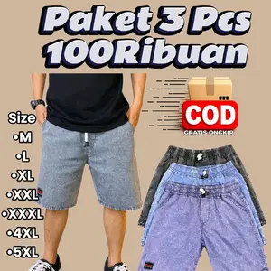 Celana Pendek Pria & wanita 100rb 3pcs Bahan Denim Pinggang elastis full karet