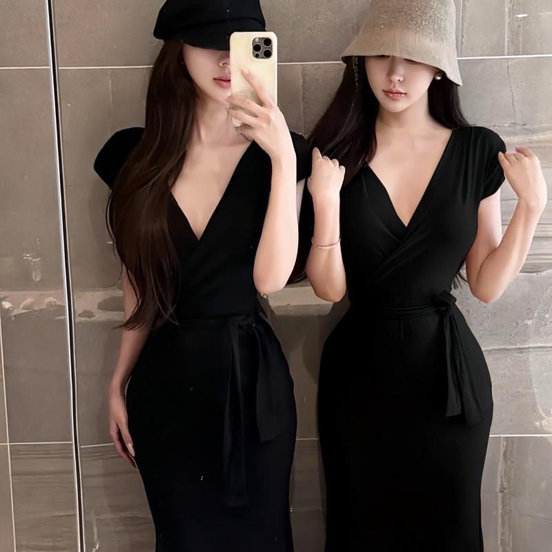 Váy nữ xinh 367 đầm body dài đuôi cá cổ chữ V phối dây đeo sang trọng tôn dáng