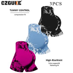 CZGUKE conjunto de 3 pzas para mujer: shorts deportivos tipo bici con cintura alta y estampado tie-dye, súper suaves, ideales para correr, yoga, ejercicio y flexiones; shorts de gimnasio