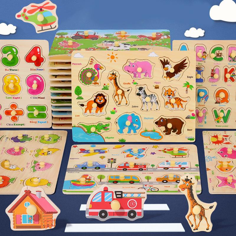 Đồ chơi bảng ghép hình núm gỗ nhiều chủ đề Chữ Cái, Chữ số, Con Vật loại to đẹp 22×30cm cho bé phát triển thông minh