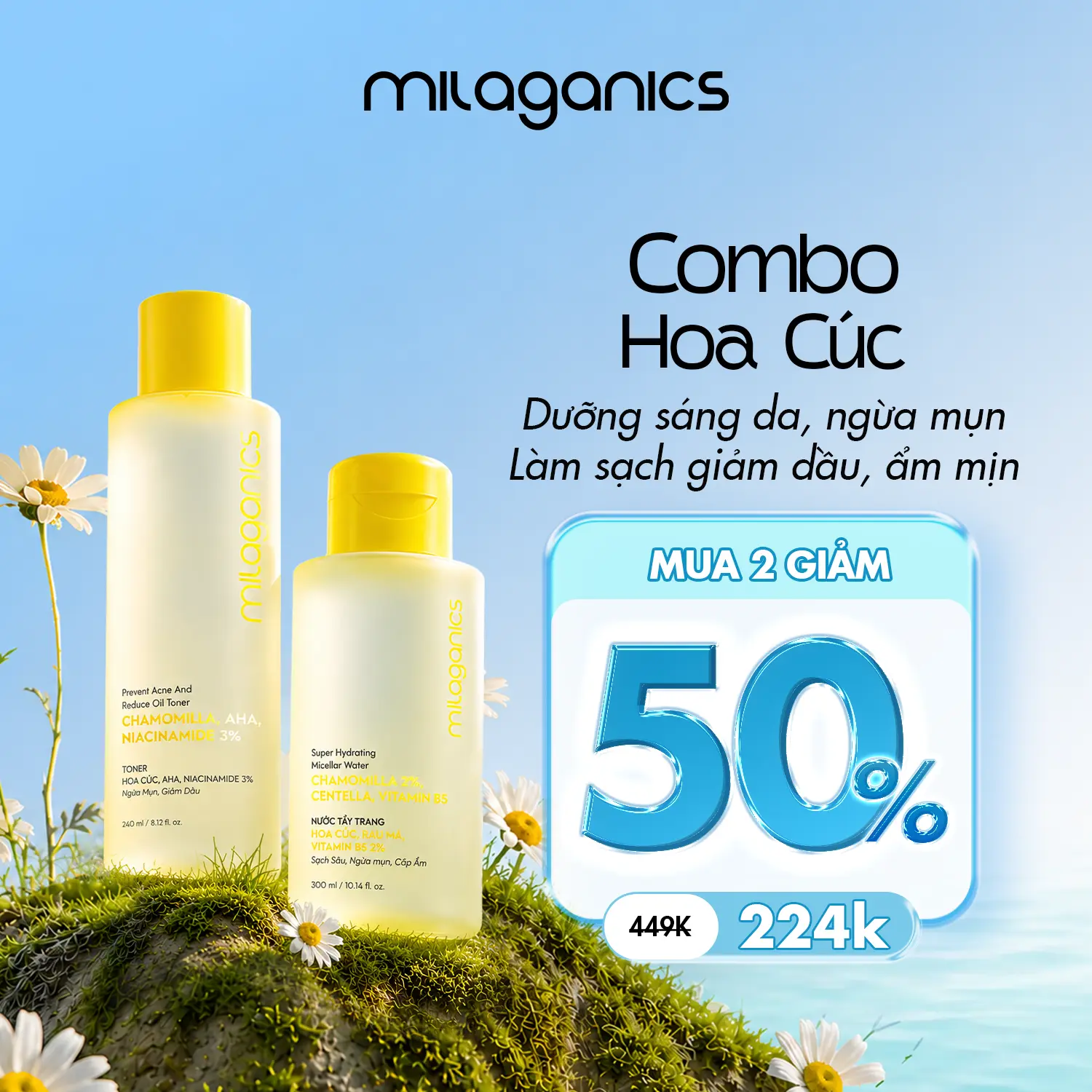 [MUA 2 GIẢM 50%] Combo Toner Hoa Cúc & Nước Tẩy Trang MILAGANICS 3% Niacinamide 5% AHA Dưỡng Sáng Da Kiềm Dầu Không Cồn Hỗ Trợ Ngừa Mụn Và Làm Sạch Cân Bằng Độ Ẩm Cho Da Giúp kiểm Soát Dầu Mụn Dành Cho Mọi Loại Da Khô Skincare