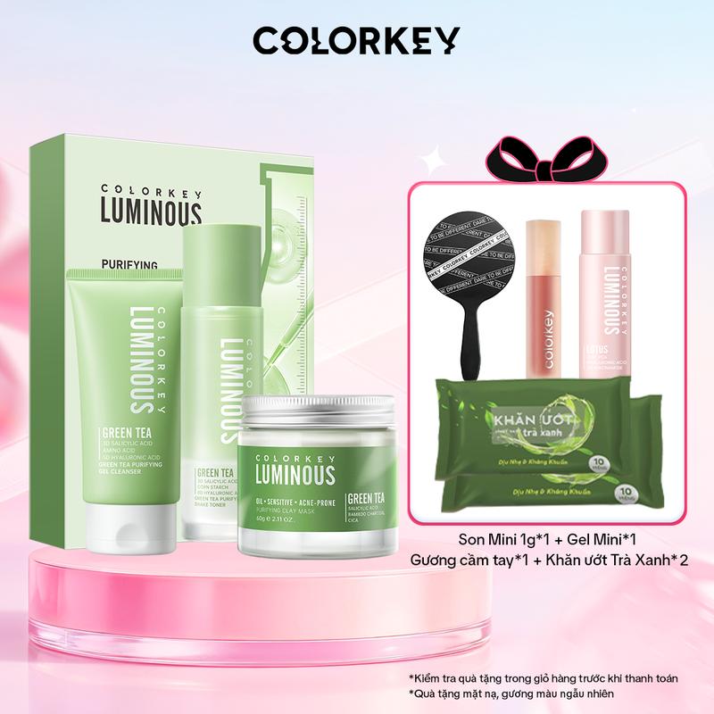 EX-TUN PHAM Combo 4 Món Chăm Sóc Da: 1 TONER Trà Xanh 100ml + 1 Sữa Rửa Mặt Trà Xanh COLORKEY LUMINOUS 100g + 1 Nạ Bùn Trà Xanh 60g + 1 Hộp Mặt Nạ Trà Xanh COLORKEY LUMINOUS 10 Miếng