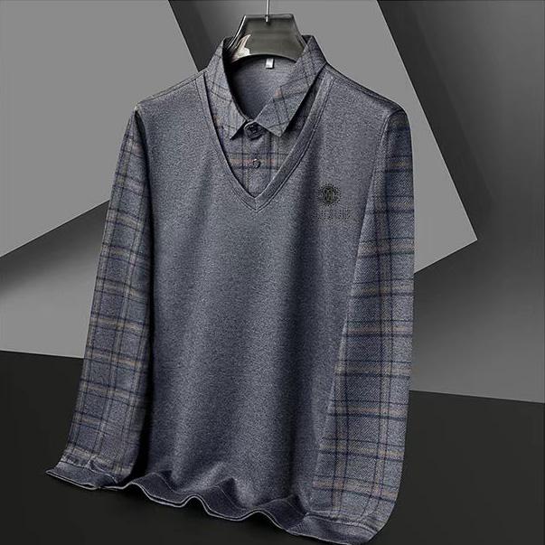 Product Introduction of Men's silk fabric fake two POLO loose grid solid color casual T-shirt with silk print top Menswear Lingerie 8