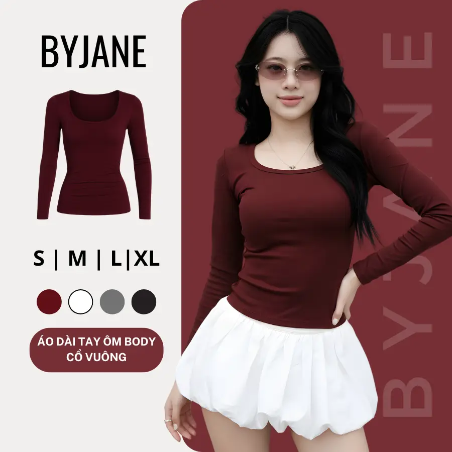 Áo Thun Dài Tay Cổ Vuông Ôm Body Chất Cotton Mịn Co Dãn BYJANE - 777