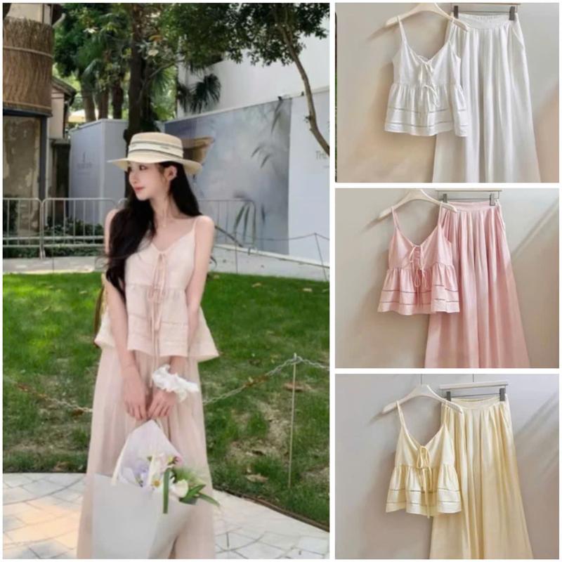 [ Hàng sẵn ] Sét Bộ ÁO Tơ 2 dây Mix Dây Buộc Kèm Quần Xuông Ống Rộng Trẻ Trung