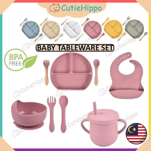 Baby Silicone Dining Set Suction Plate Silicone Bib Bowl Food Grade Training Dining Tableware Mangkuk Baby Bekas Makanan