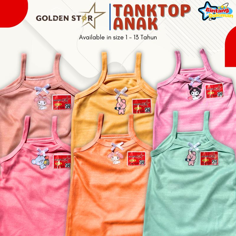 Product Introduction of 6 pcs singlet kaos dalem anak perempuan karakter labubu bt21, kuromi, cinamoror / tanktop anak lusinan golden Star / tengtop anak perempuan dalaman kaos dalam 4