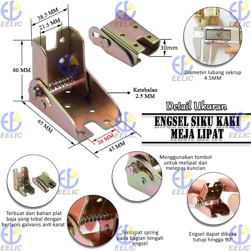 EELIC BRS-65X45MMSIKUL Bracket Siku Kaki Meja Lipat Dengan Desain Sudut Yang Dapat Dibuka Lipat Hingga 90 Derajat 3