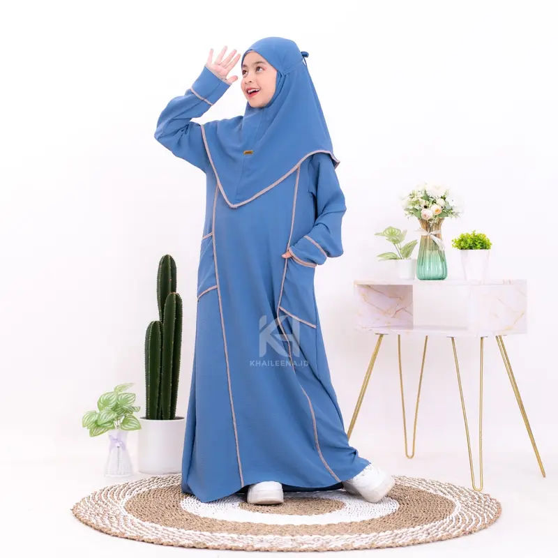 Abaya Anak Set Hijab Baju Gamis Anak Perempuan Umur 5-13 Tahun Model Kombinasi List - Crinkle, Airflow Dress Muslim Variasi Hitam Putih Brown Maroon 1