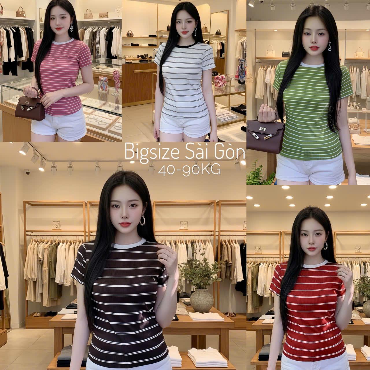 Áo Thun Nữ Cổ Tròn Phối Sọc Vải Thun Gân Tăm Bigsize Cho Nàng 45-90Kg Dễ Thương Top Women - B.1641