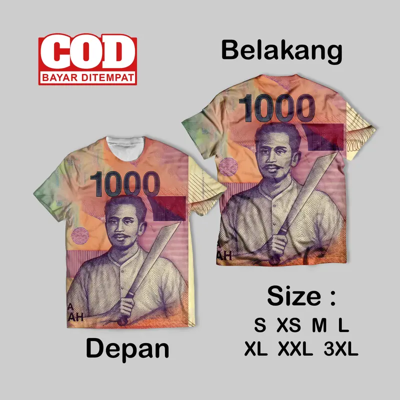 Kaos FullPrint Pecahan Rupiah Wallpaper Keren | T Shirt AOP Uang Rupiah Wallpaper Depan Belakang 7