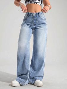 Mezclilla Vaqueros para Mujer Corte Recto Azul  Cintura Alta Elástica Lavado Claro Algodón Casual Primavera Otoño Unicolor outfit vaqueros mujer con pantalon vaqueras mujer outfit Jeans Casuales