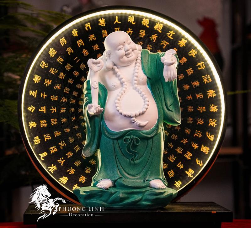 Tượng Phật Di Lặc Phúc Tâm Xanh kèm đèn led Bát Nhã Tâm Kinh trang trí phong thủy decor phòng trà Phương Linh Decor