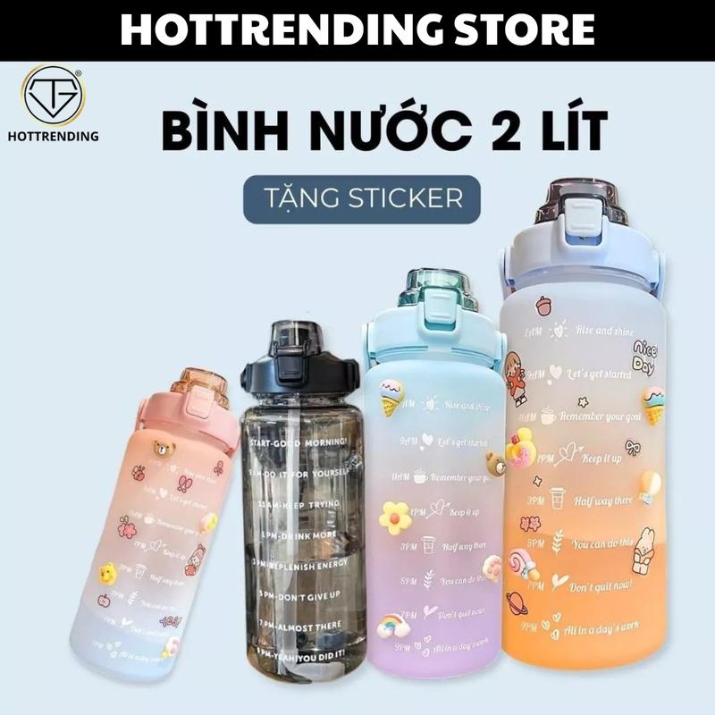 Bình nước 2 lít dành cho người lười uống nước, bình nước cute 2L có ống hút, vạch chia nhắc giờ