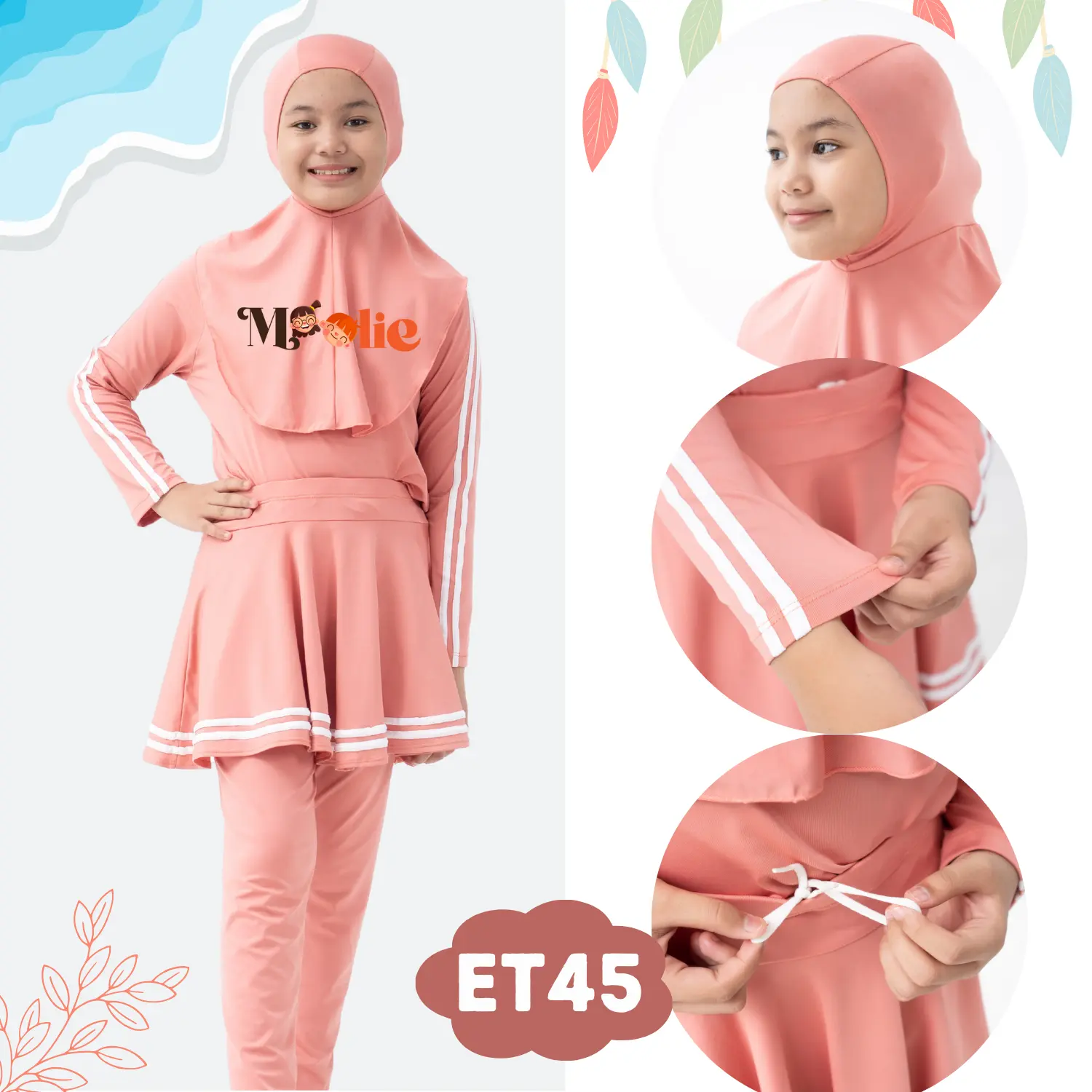 ET45 Baju Renang Anak Perempuan Polos/ Baju Renang Anak Hijab / Baju Renang Anak Muslimah Wanita Polos