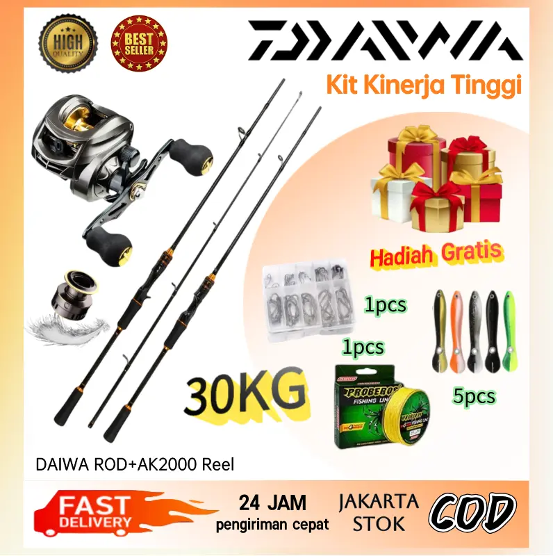 DAIWA Joran Pancing Full Set 30KG 7.2:1 Joran BC Set Reel BC Joran Carbon Pancingan Set Lengkap Roda Metal Umpan Ikan Laut
