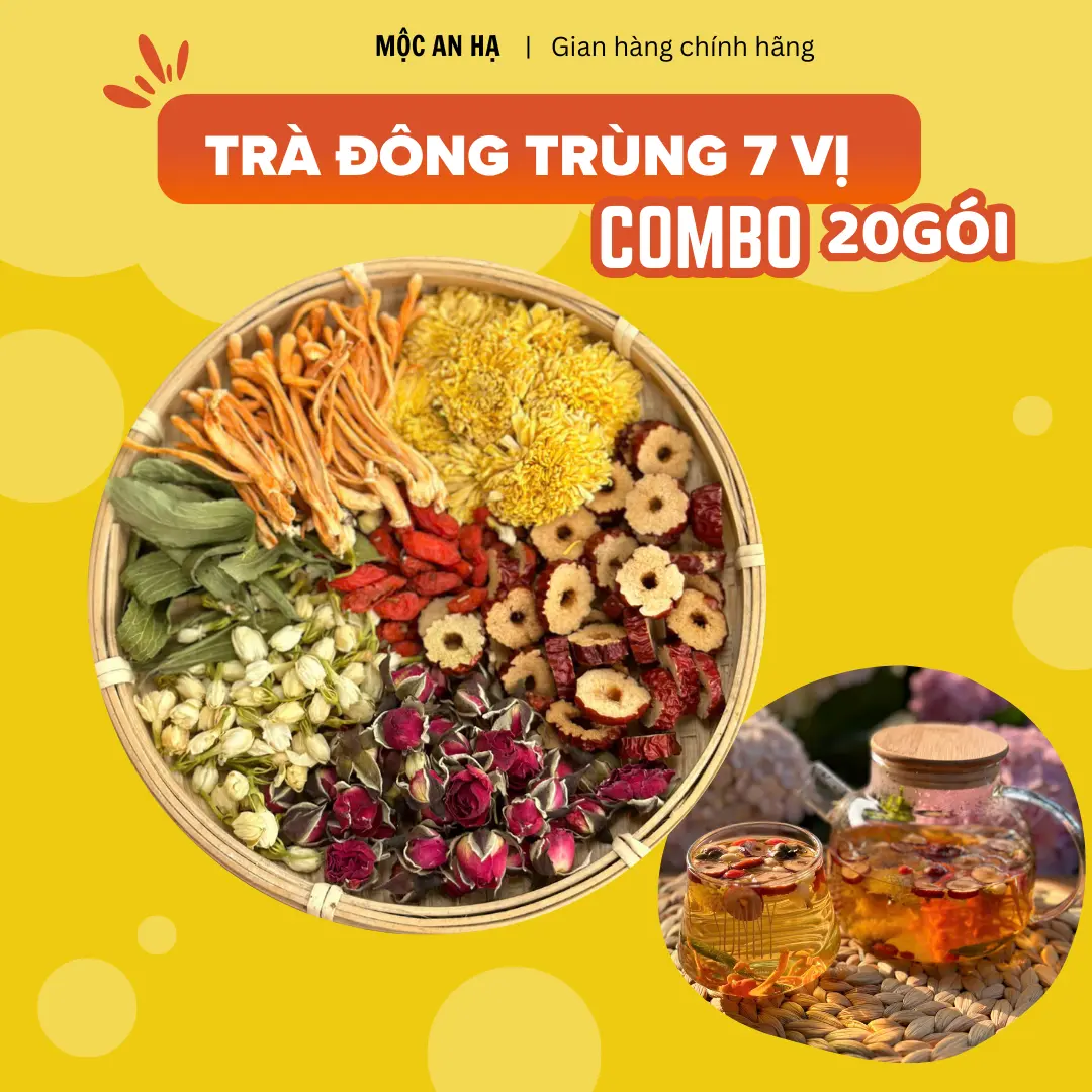 Trà dưỡng nhan đông trùng 7 vị hộp 20 gói - Mộc An Hạ - Thành phần: Nấm đông trùng hạ thảo,táo đỏ,kỷ tử,nụ nhài,nụ hồng,hoa cúc, cỏ ngọt Nước Chè Tea Chua Sen Hoa Sen