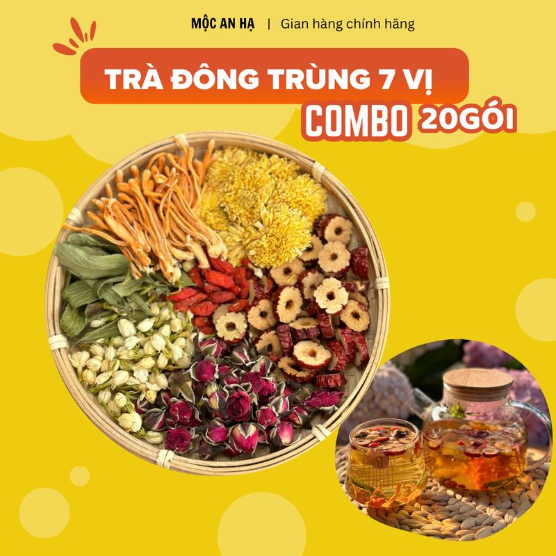 Trà dưỡng nhan đông trùng 7 vị hộp 20 gói - Mộc An Hạ - Thành phần: Nấm đông trùng hạ thảo,táo đỏ,kỷ tử,nụ nhài,nụ hồng,hoa cúc, cỏ ngọt Nước Chè Tea Chua Sen Hoa Sen