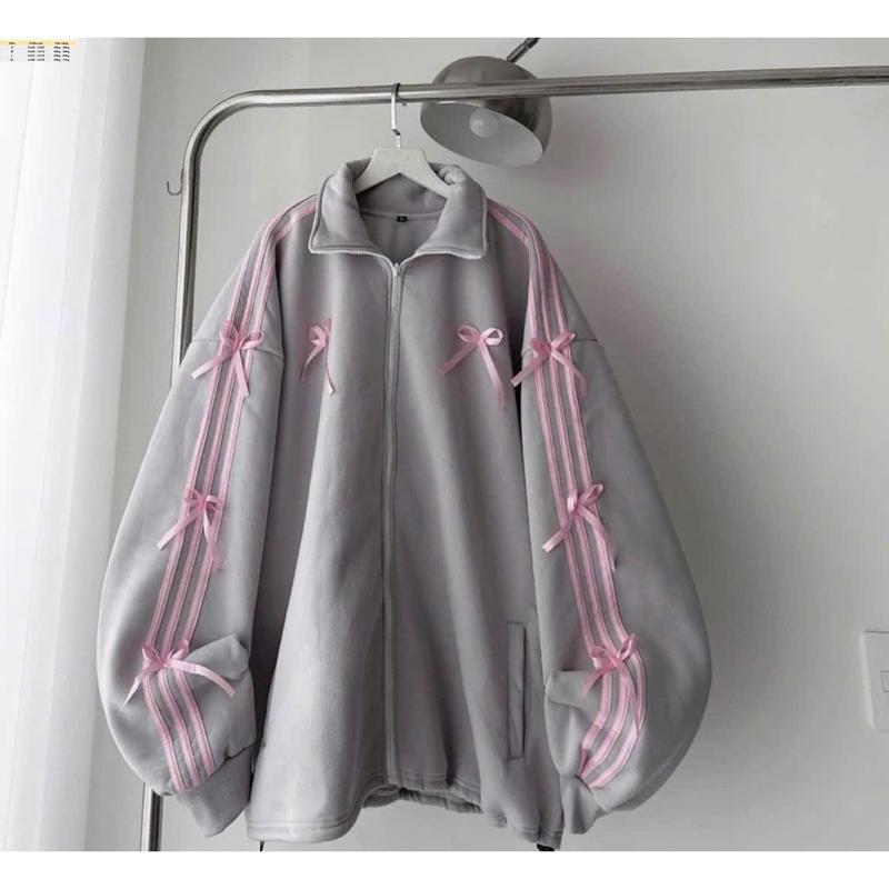Áo Khoác Nữ Women Jacket Cổ Trụ Dây Kéo Form Rộng Đính Nơ Dễ Thương Top bán chạy 6