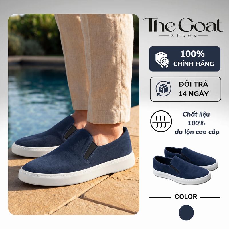 Giày Slip-on The Goat Shoes da lộn xanh navy , Đế bằng cao su 4.0cm khâu Đế , phù hợp đeo hàng ngày, di làm , đi chơi , dễ phối đồ