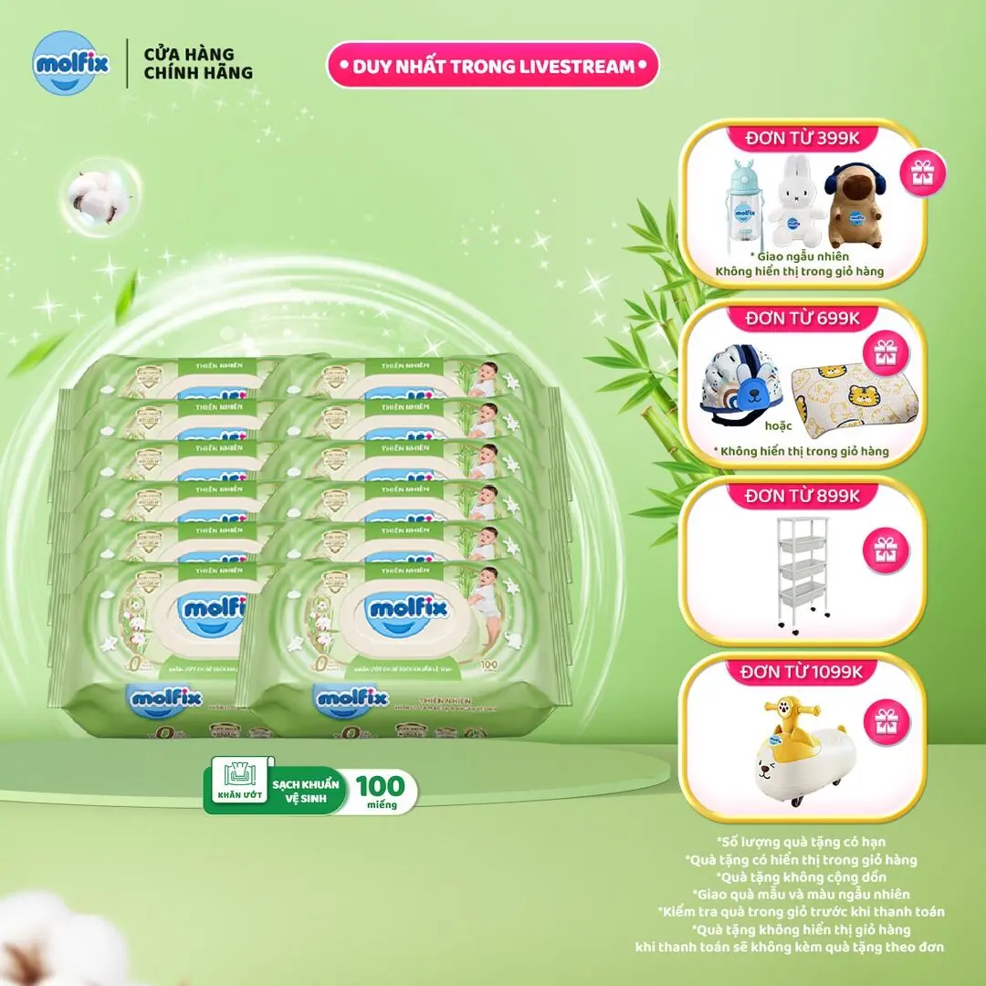 [Bao bì thay đổi theo từng đợt nhập hàng] M17 - Combo 12 Khăn ướt Molfix Thiên nhiên Sạch khuẩn vệ sinh - Gói 100 miếng cho bé Molfix Việt Nam