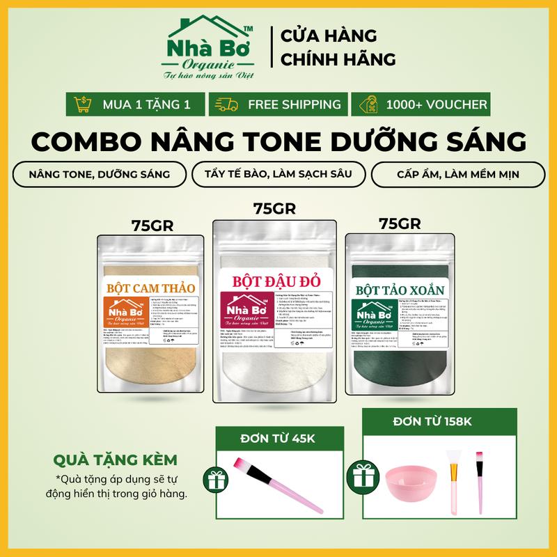  Combo 3 gói x 75g  Bột Đậu Đỏ + Bột Cam Thảo + Bột Tảo Xoắn  NHÀ BƠ ORGANIC - Hỗ trợ dưỡng trắng mờ thâm trẻ hoá da 
