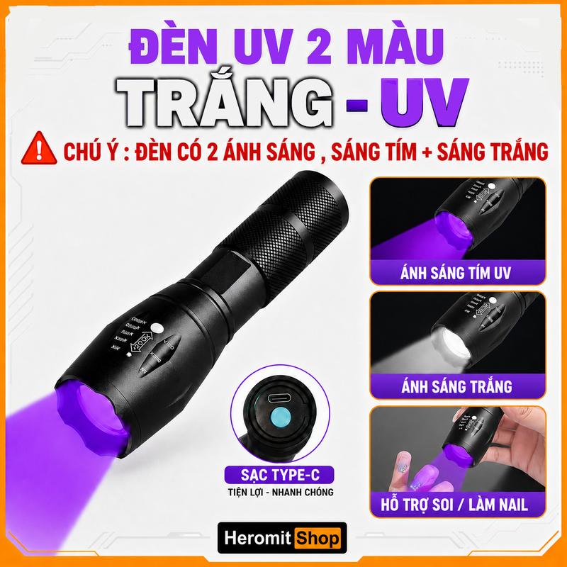 Đèn pin tia Cực Tím 2 màu Trắng - Tím đèn UV cổng sạc Type-C UV-2 ( kèm thẻ UV )