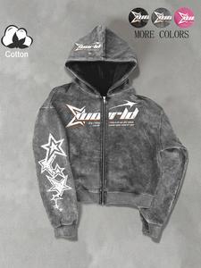 Chaqueta con capucha unisex estilo callejero con cremallera, sudadera de algodón fina para primavera y otoño, logo Xworld con patrón de estrellas, moda campus hip hop Y2K