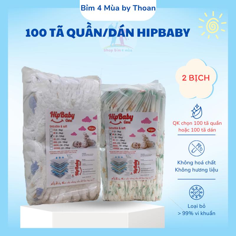  COMBO 100 miếng 2 bịch  tã quần tã dán HipBaby phiên bản nâng cấp đủ các size S M L XL 2XL 3XL- Bỉm có dán sau cuộn bỉm sau khi dùng. 