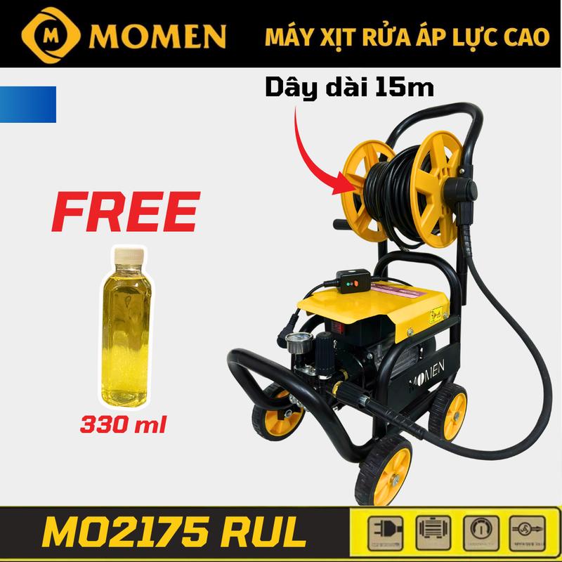 COMBO Máy Rửa Xe Momen 2175RUL - Có Rulo Cuốn Dây Và Khung 4 Bánh Xe - Dây Dài 15m + Lọ Dung Dịch 330ml