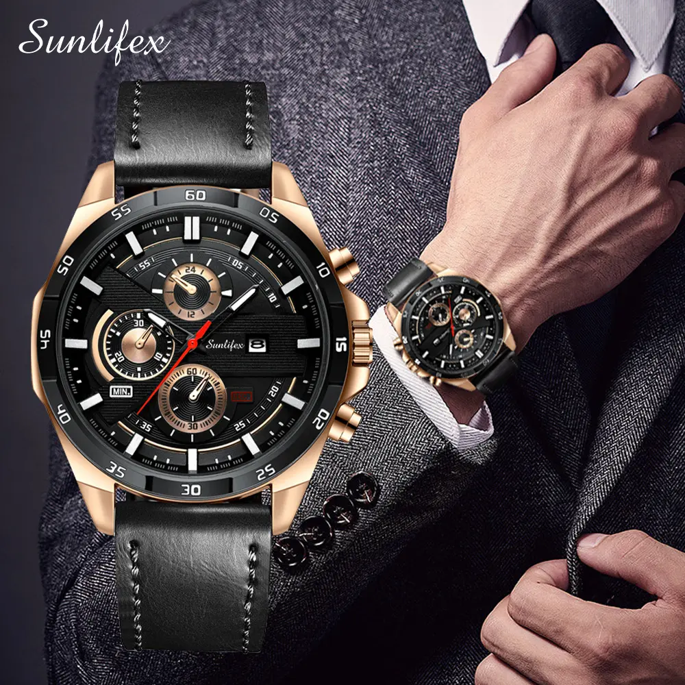 Sunlifex Jam Tangan Pria Kuarsa Tali Kulit Olahraga Mode Kalender Jam Tangan Cowokr  SL9091