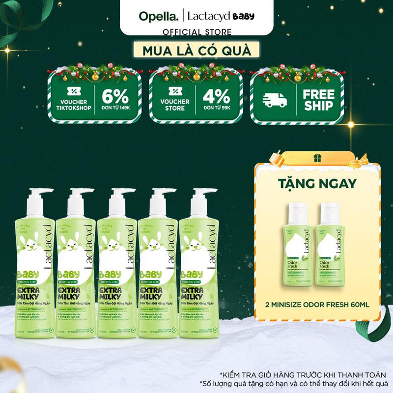 Bộ 5 chai Sữa Tắm Gội Trẻ Em Lactacyd Baby Extra Milky Làm Sạch Dịu Nhẹ và Dưỡng Ẩm Vượt Trội 500ml chai Cho Bé