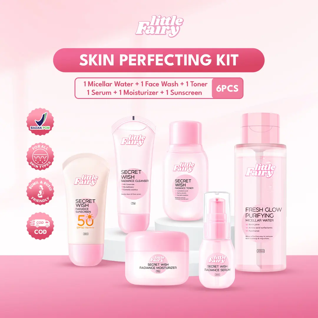 LITTLE FAIRY Secret Wish Radiance 6in1 Bundle cleaner +toner+serum+moisturize+sunscreen+Micellar Water Skincare pack Soothing brightening kindly for Kering Kusam Skin Hyaluronic Acid