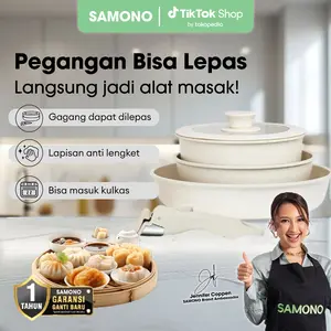 (MAY SALE 5.5) SAMONO Panci Penggorengan 5in1 Non-Stick Anti Lengket Ceramic Stainless Steel Gagang Detachable SKW-K265 Beige Alat Set Kitchenware Glass