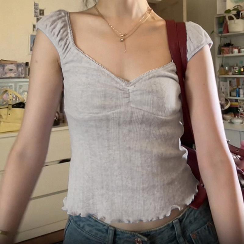 Áo Thun Jacquard, Thiết Kế Hoa Móc, Trang Phục Mùa Hè, Gấp Dễ Thương, Có Nơ, Cổ Chữ V, Áo Không Tay Phong Cách Coquette