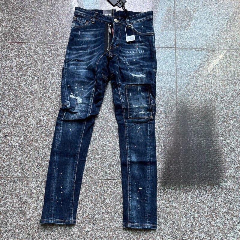 Quần jean nam DS, Q xanh đậm biker vá vuông hàng Quảng Châu