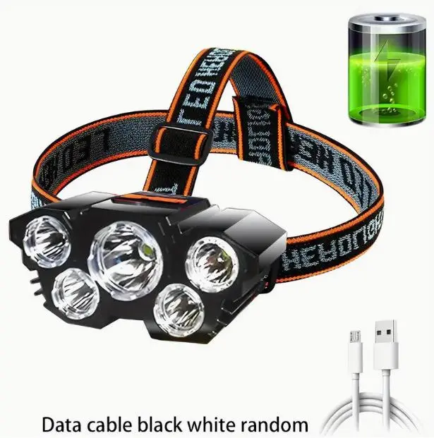 Đèn pha LED, Siêu sáng nhất, Mạnh mẽ, 5 đèn LED, Có Thể Sạc Lại, Không thấm nước, Đèn pha, Đèn pin đội đầu, Thích hợp cho Cắm Trại Ngoài Trời, Chiếu sáng chạy
