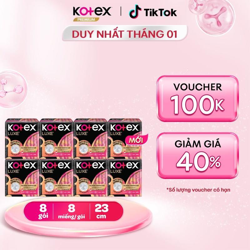 QUÀ TẶNG HOT 8 gói băng vệ sinh nữ Kotex Nhập Khẩu Luxe ban ngày 23cm 8 miếng gói Siêu mỏng cánh Cao cấp Mặt bông êm mềm khô thoáng thấm hút nhanh chống tràn bvs kinh nguyệt nhiều miễn phí vận chuyển bvs chính hãng tampon.