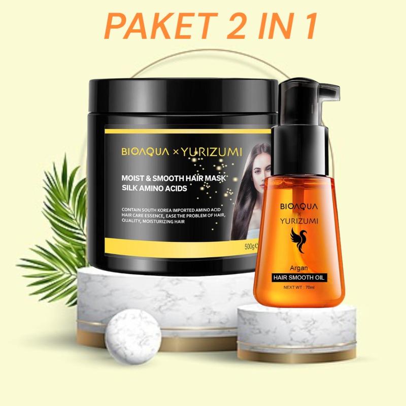 PAKET 2 IN 1 BPOM Bioaqua x Yurizumi Hair Mask Creambath dan Hair Serum 70ml Perawatan Argan 0