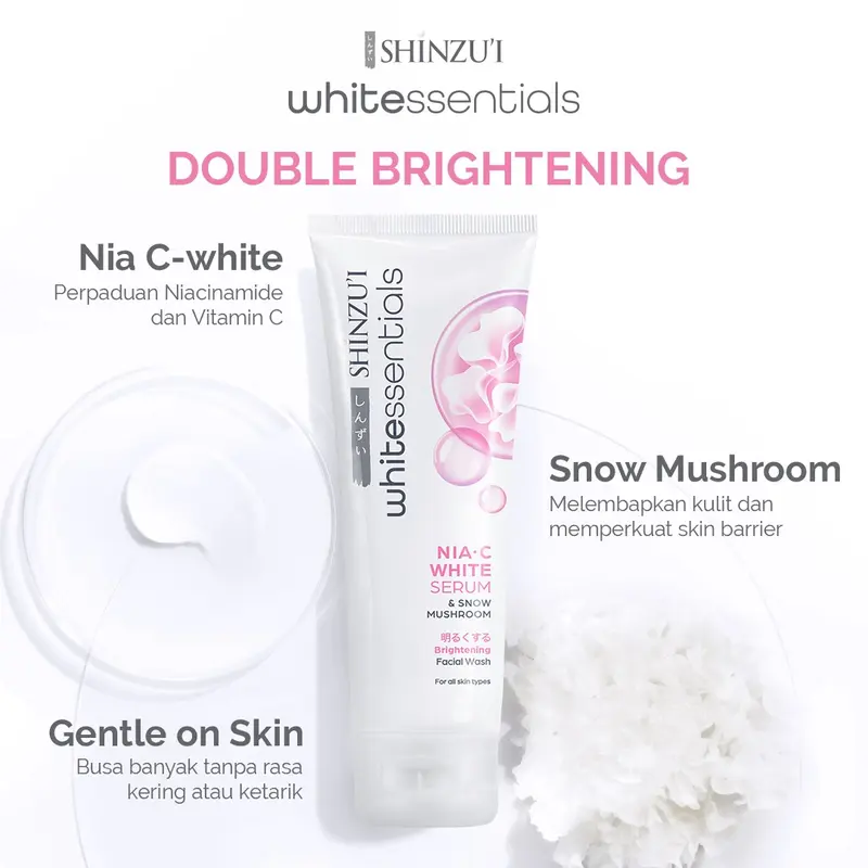 Shinzui WHITEssentials Double Brightening Facial Wash Snow Mushroom 20 ml Travel Size Mencerahkan Niacinamide Cleanser 3