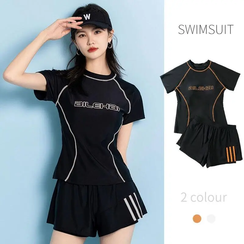 New Women Casual Sports Beachwear Quick-Dry Swimwear 2pcs Short Sleeve Top+Shorts Set Surfing Swimsuit