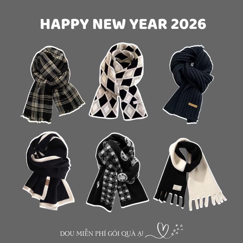 Khăn Len cashmere quàng cổ unisex dày Khăn len dệt kim tone đen mạnh mẽ QUÀ TẶNG HAPPY NEW YEAR 2026 - Mã LN04